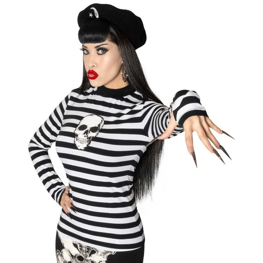 Skull Black White Striped Long Sleeve Top