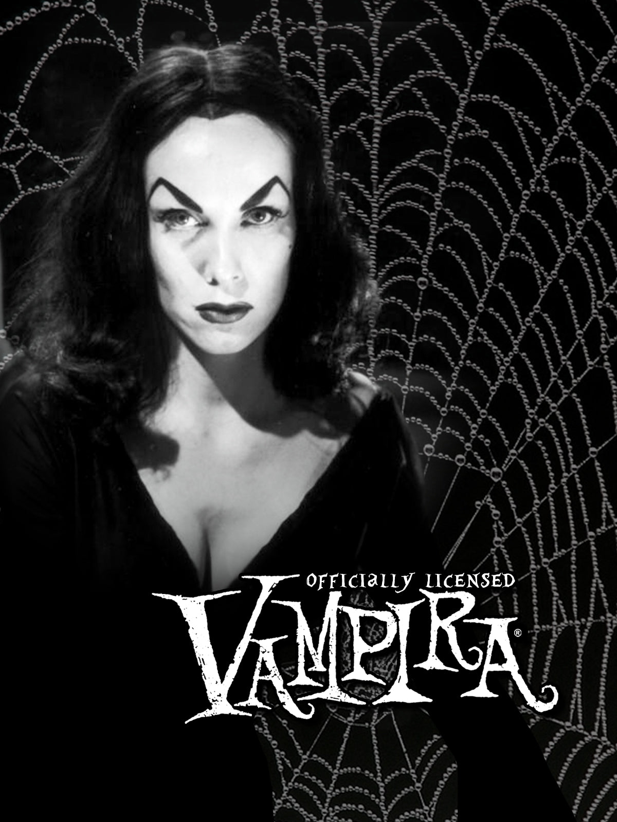 Black and white image of Vampira with 'Officially licensed Vampira' branding against a spider web background