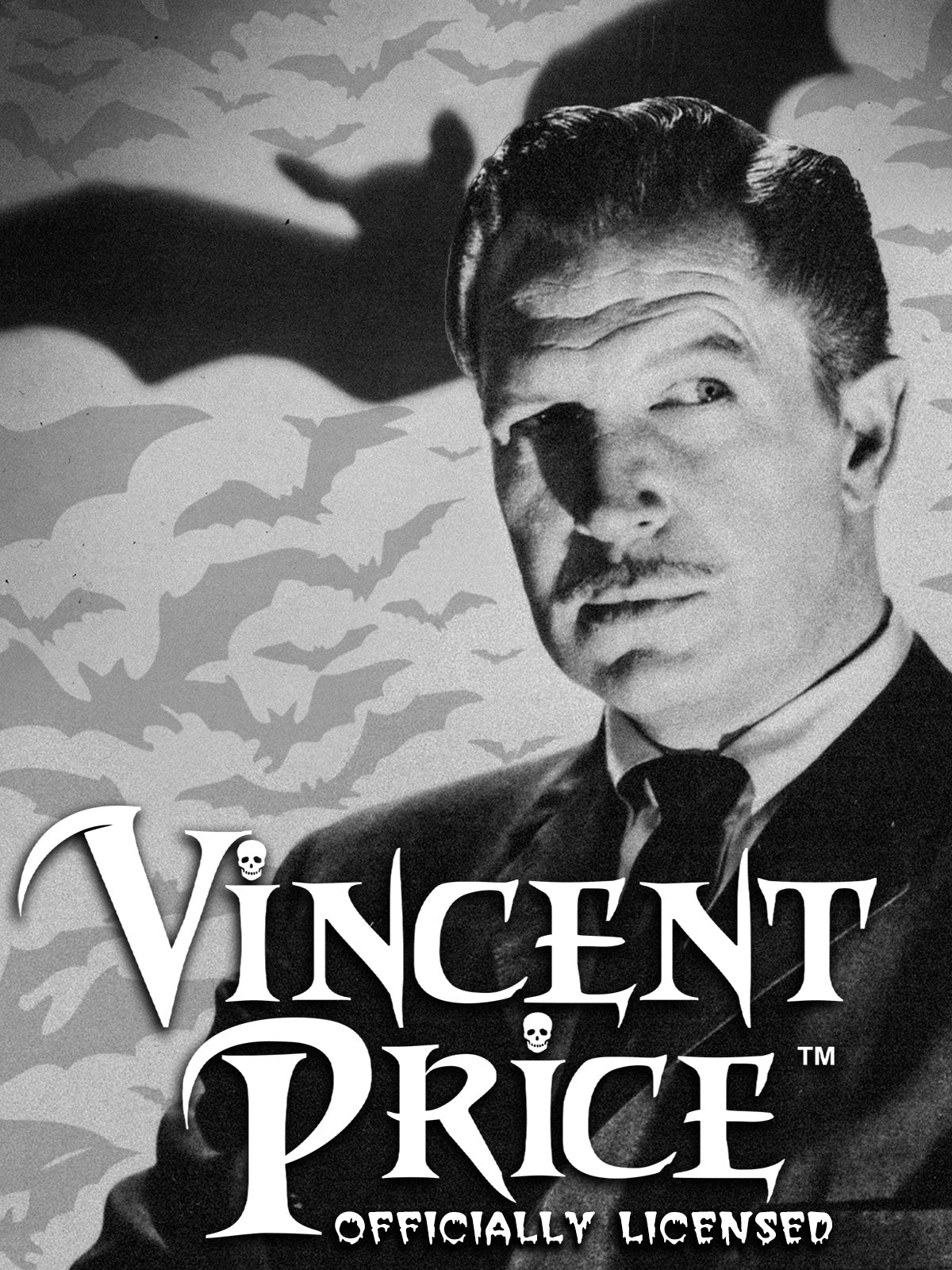 Black and white image of a man with bats in the background, featuring the text 'Vincent Price officially licensed'.